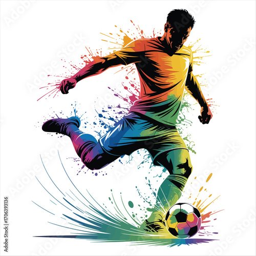 Dynamic soccer player kicking ball with vibrant watercolor splatter effect art illustration