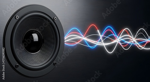 Immersive Sound: A Photorealistic Close-Up of a Black Hi-Fi Speaker Emanating Vibrant Red, Blue, and White Sound Waves Against a Dark Brushed Metal Backdrop. Experience Pure Audio Fidelity!