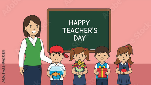 Vector illustration for Teacher's Day greeting cards and educational materials a female teacher with her happy diverse students in a cartoon classroom setting with thoughtful gifts