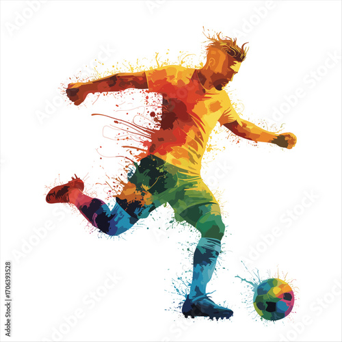 Dynamic abstract soccer player kicking ball energetic splash art sports action illustration