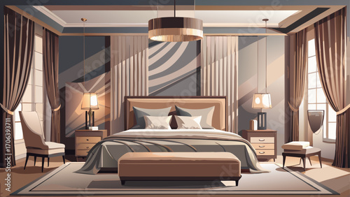 Elegant modern bedroom with taupe walls, linen drapes, sculptural lamp, and plush bedding, exuding subtle luxury and calming ambiance.