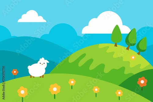 A peaceful cartoon landscape of a grassy hillside with sheep vector illustration