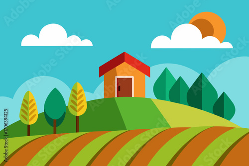 A cartoon illustration of a hillside farm with crops vector illustration