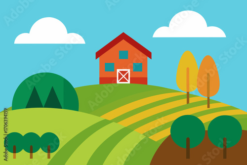 A simple cartoon of a hillside farm with crops vector illustration