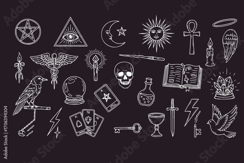 Divine Magic and Occultism Doodle Set – Hand-Drawn Vector Illustrations of Spells, Tarot Cards, Crystals, Candles, Pentagrams, Wands, and Mystical Symbols, Esoteric and Spiritual Concept Icons, Isolat