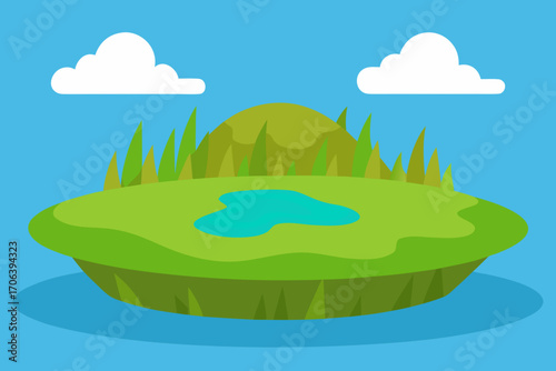 A cartoon illustration of a grassy island with a lagoon vector illustration