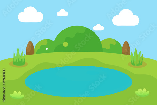 A serene cartoon scene of a grassy plain with a small pond vector illustration