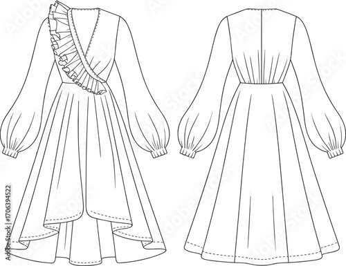 Asymmetrical dress sketch, technical fashion illustration, front and back view, ruffle detail, layered hem, long sleeves, vector, garment, sewing, design