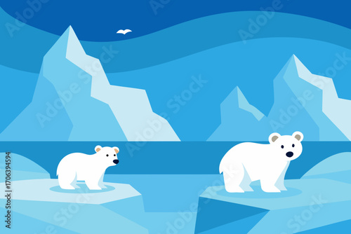 A cartoon icy glacier background with polar bears vector illustration