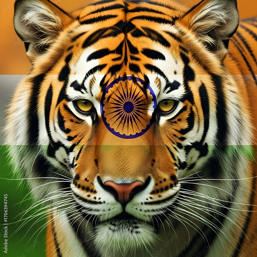 Naklejka premium Majestic tiger portrait with Indian flag overlay, striking national animal imagery