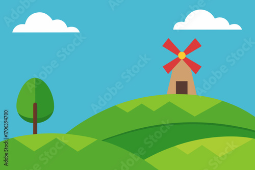 A cartoon hilltop background with a windmill and grass vector illustration