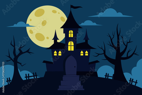 A cartoon haunted house background with spooky moonlight vector illustration