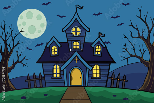 A simple cartoon background of a haunted house with spooky moonlight vector illustration
