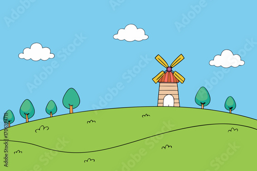 A simple cartoon background of a hilltop with a windmill and grass vector illustration