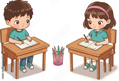 Cartoon children writing, classroom scene, study activity, school desks, pencil holder, educational concept, learning moment, student illustration, homework, vector art