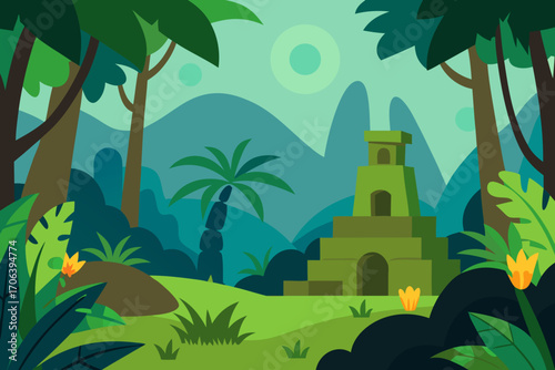 A mysterious cartoon scene of a jungle with hidden ruins vector illustration