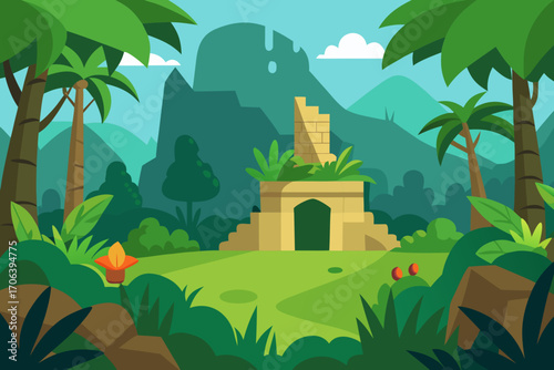 A cartoon illustration of a jungle with hidden ruins vector illustration