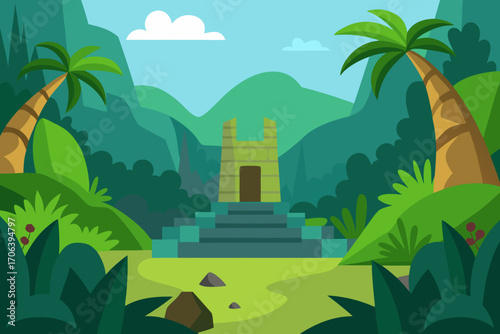 A simple cartoon of a jungle with hidden ruins vector illustration