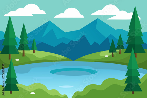 A serene cartoon scene of a lake surrounded by a forest vector illustration