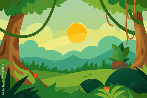 A beautiful cartoon scene of jungle vines with sunlight vector illustration