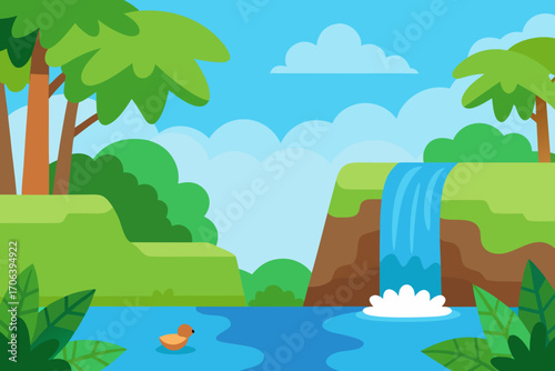 A simple cartoon of a jungle waterfall pool vector illustration