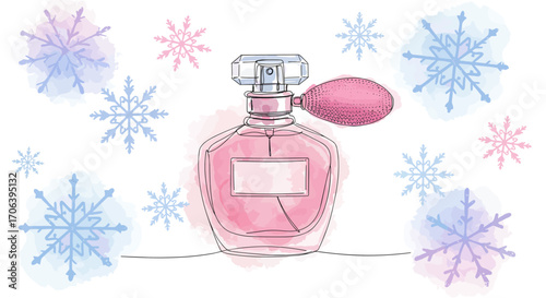 Modern pink perfume bottle with snowflakes for cosmetics and fragrance stores – one line doodle drawing with watercolor fill, minimalistic vector illustration on white background