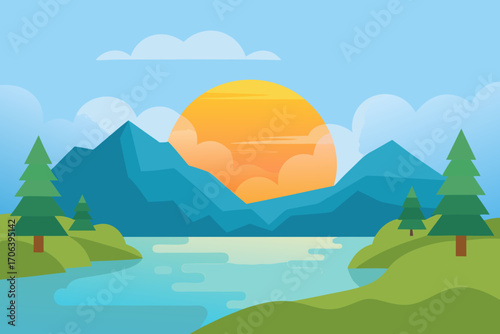 A serene cartoon scene of a lake at sunrise with mist vector illustration