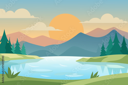A simple cartoon of a lake at sunrise with mist vector illustration