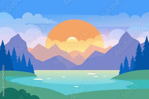 A cartoon illustration of a lake at sunrise with mist vector illustration