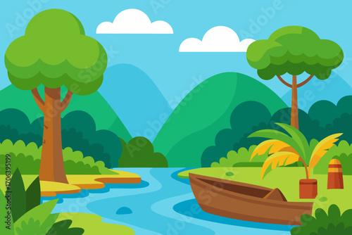 A simple cartoon of a jungle river with a wooden boat vector illustration