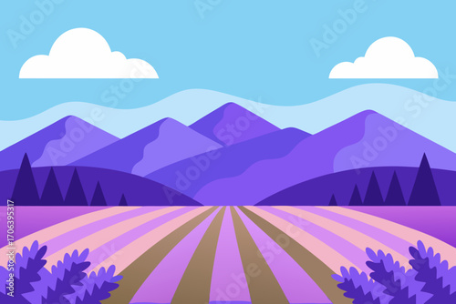 A scenic cartoon scene of a lavender field with mountains vector illustration