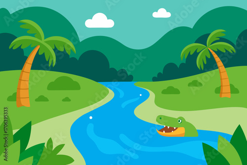 A simple cartoon of a jungle river with crocodiles vector illustration