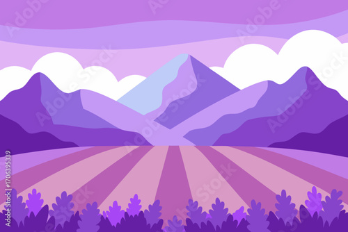 A cartoon illustration of a lavender field with mountains vector illustration