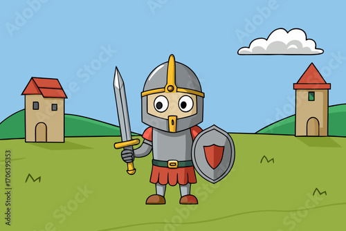 A dynamic cartoon scene of a knight battlefield vector illustration