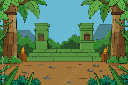 A mysterious cartoon background of jungle ruins with vines vector illustration