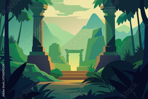 A simple cartoon illustration of jungle ruins with vines vector illustration