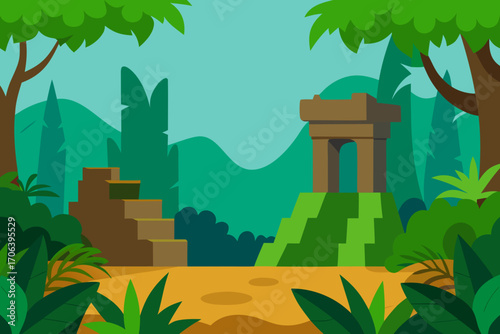 A cartoon jungle ruins background with vines vector illustration