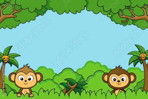 A cartoon jungle tree canopy background with monkeys vector illustration