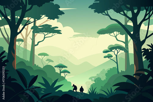 A simple cartoon illustration of a jungle tree canopy with monkeys vector illustration