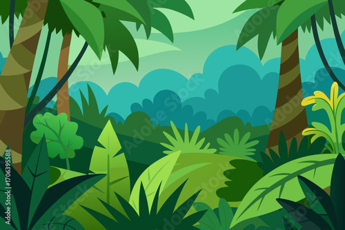 A cartoon jungle background with dense plants and vines vector illustration