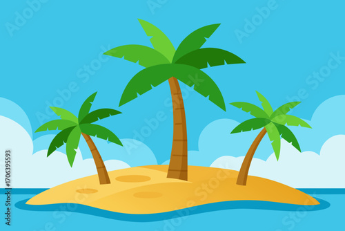 A cartoon island background with coconut trees and sand vector illustration