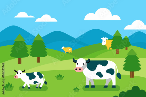 A cartoon illustration of a meadow with grazing cows vector illustration