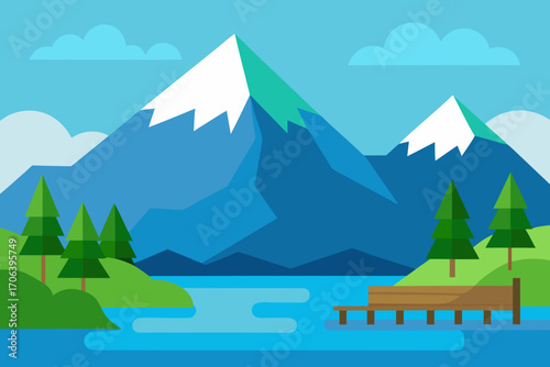 A cartoon illustration of a mountain lake with a dock vector illustration