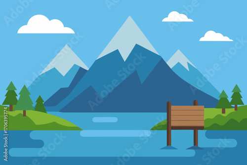A serene cartoon scene of a mountain lake with a dock vector illustration