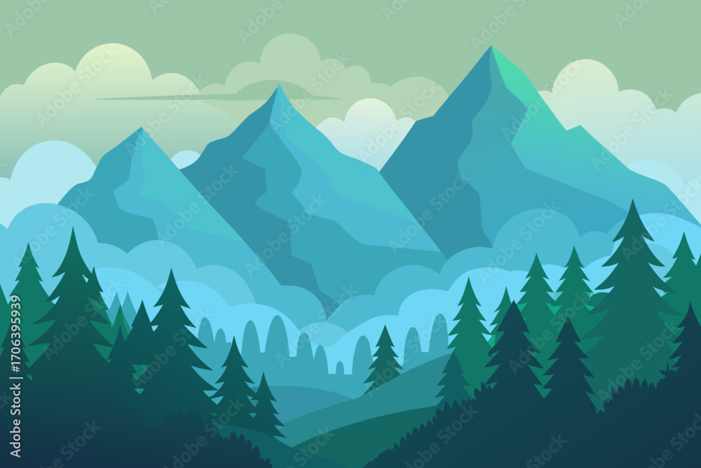 Fototapeta premium A simple cartoon of a mountain forest in fog vector illustration