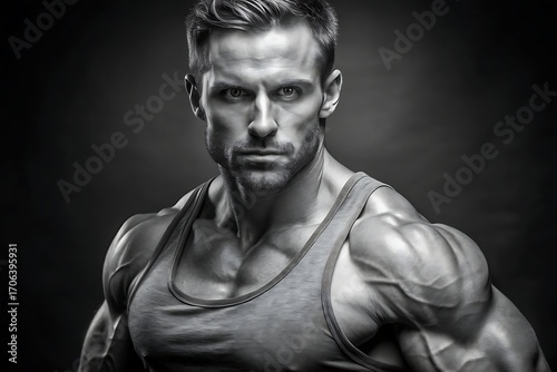 Young male athlete bodybuilder posing and doing sports exercises in the gym