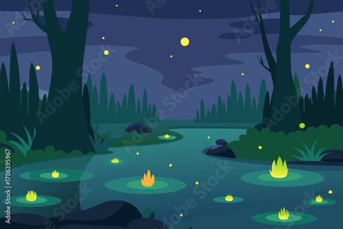 A cartoon illustration of a misty swamp with fireflies vector illustration