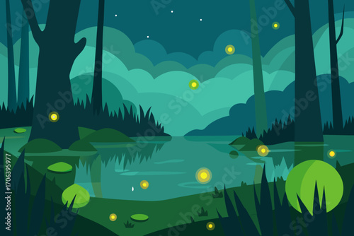A magical cartoon scene of a misty swamp with fireflies vector illustration