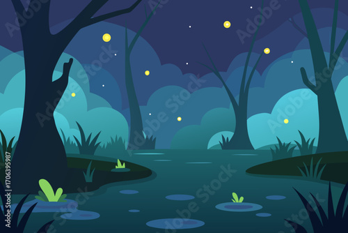 A simple cartoon of a misty swamp with fireflies vector illustration