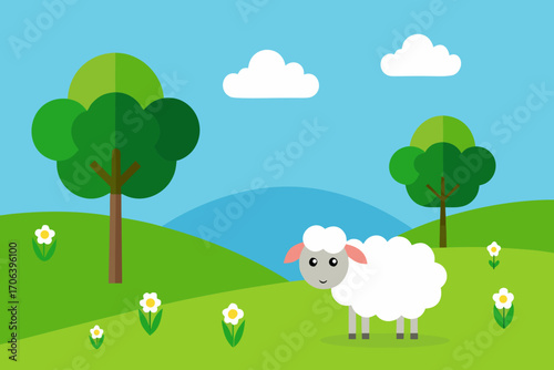 A cartoon illustration of a meadow with grazing sheep vector illustration